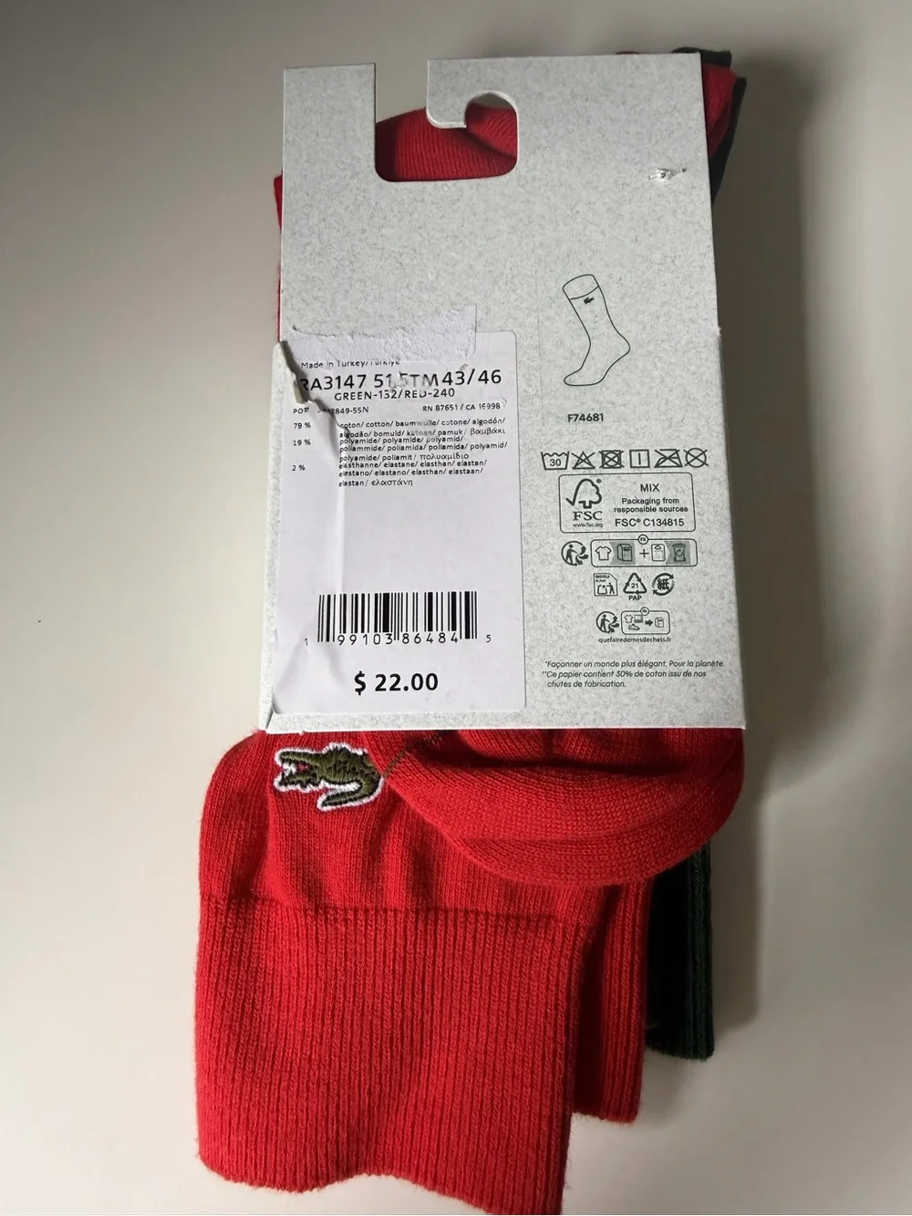 NWT Lacoste 2-Pack Long Crew Socks Green & Red EU 43-46 US 10-12